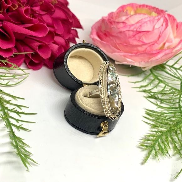 VINTAGE⚜️STERLING SILVER Filigree Abalone Ring - Picture 5 of 10
